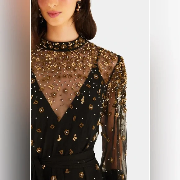 FARM RIO Black Embroidered Tulle Overlay Belted Long Sleeve Mini Dress,Small,398 - Picture 4 of 16